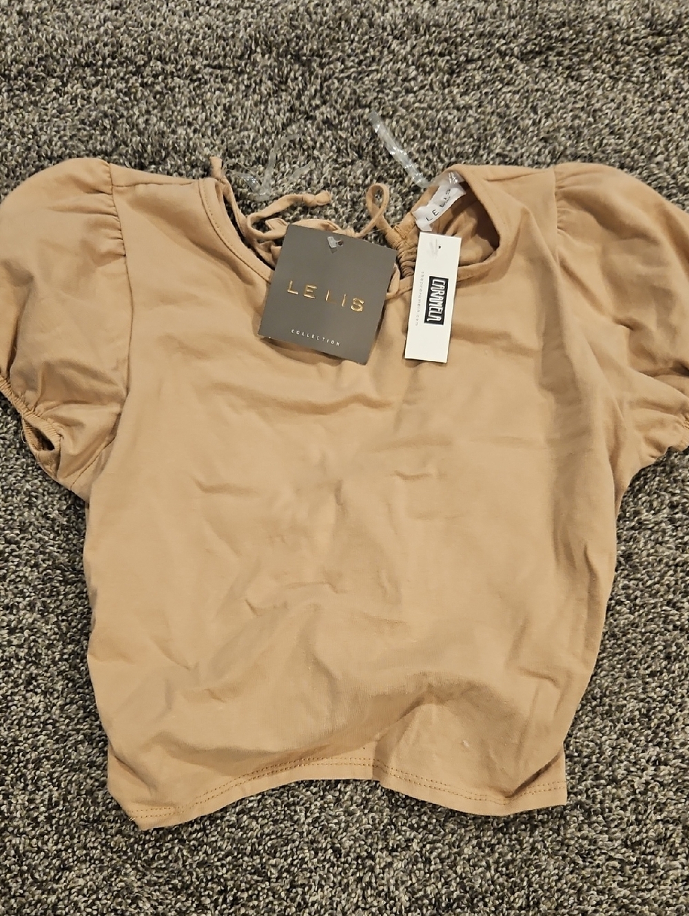 Le Lis Tan Puff Sleeve Crop Top with Back Tie